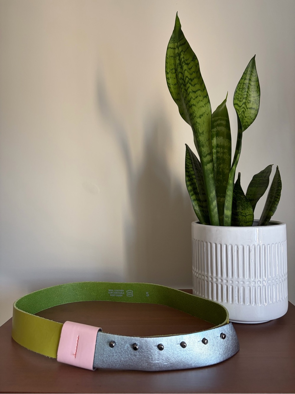 Colorblock Metallic Leather Belt in Silver, Lime & Pink